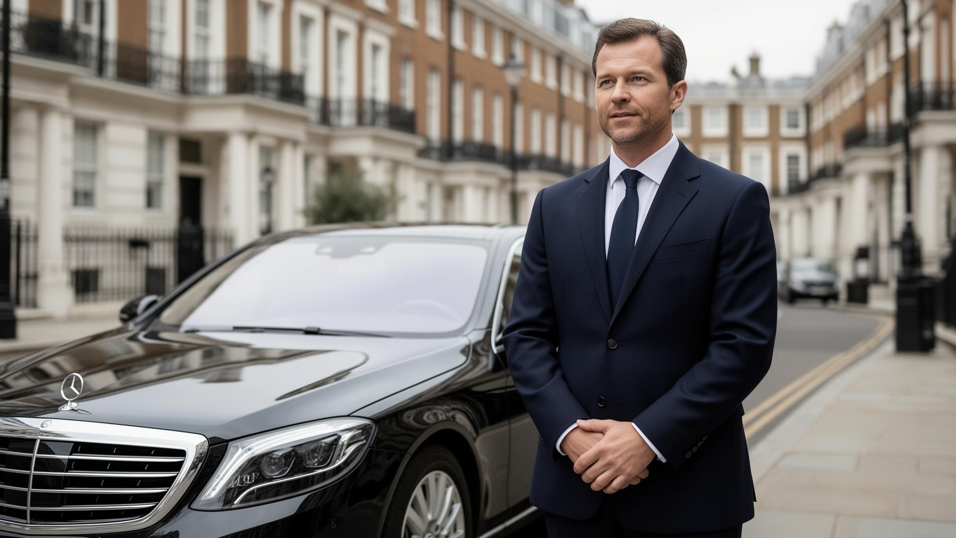 K2 chauffeur in a tailored navy suit beside a polished black Mercedes S-Class in Mayfair