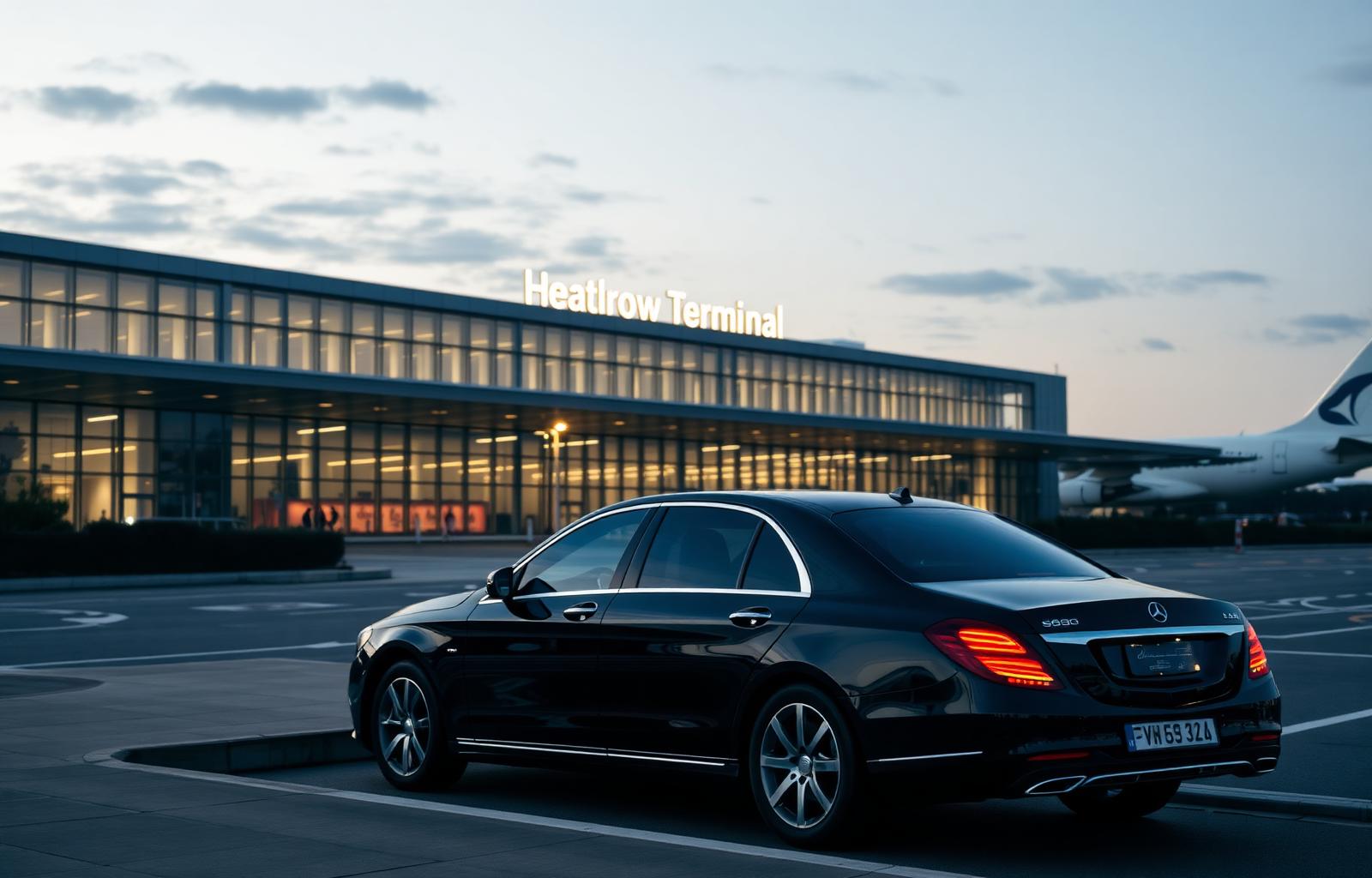 Black Mercedes S-Class waiting outside Heathrow terminal at dusk
