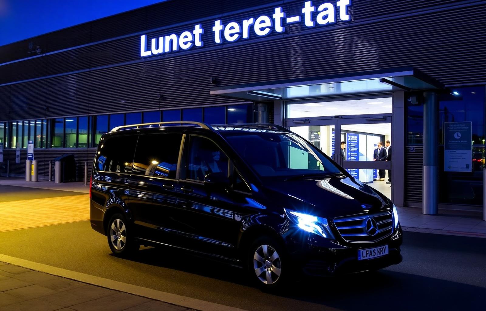 Black Mercedes V-Class outside Luton airport terminal at night