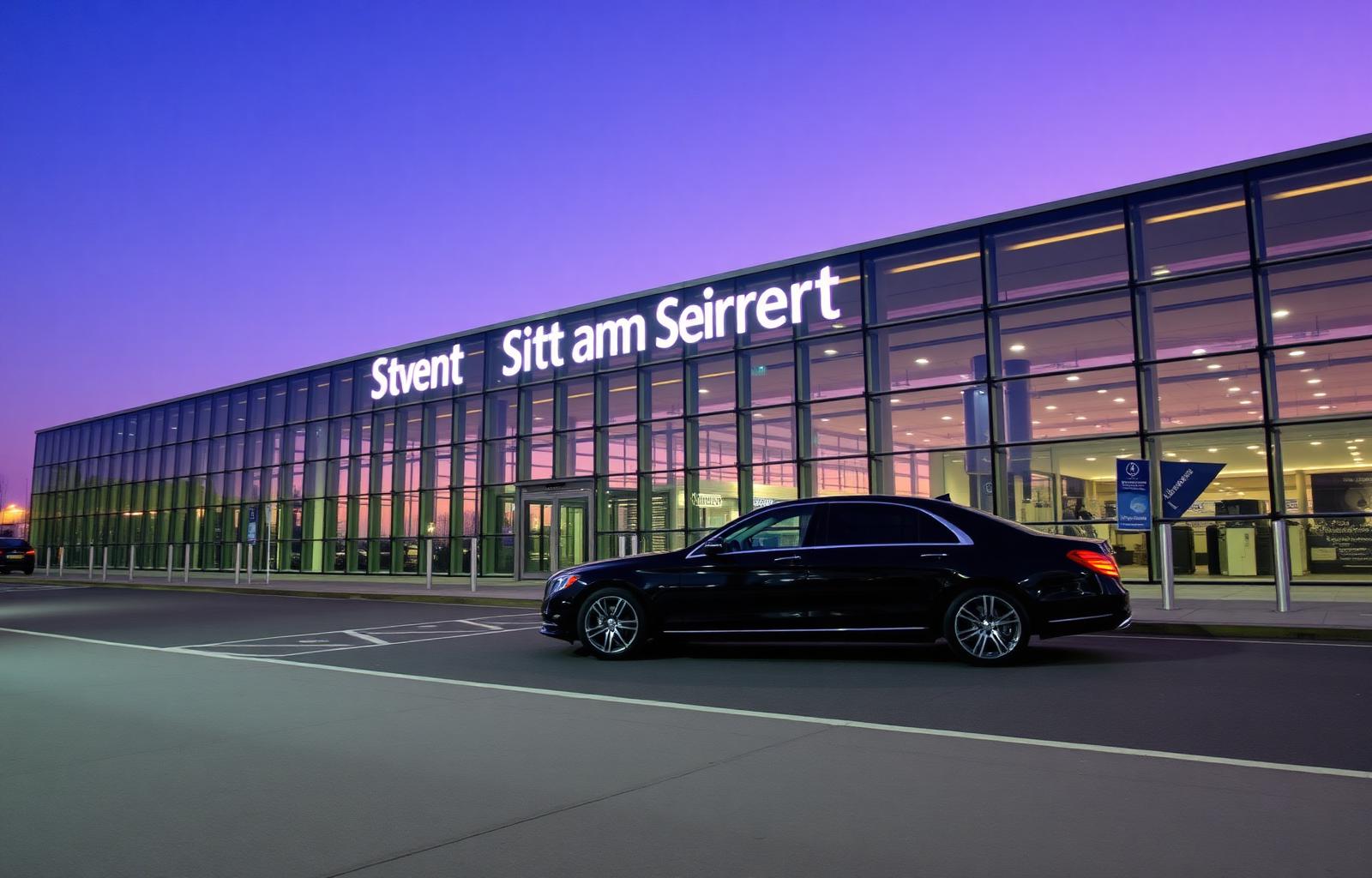 Black Mercedes S-Class at Stansted airport glass terminal at twilight