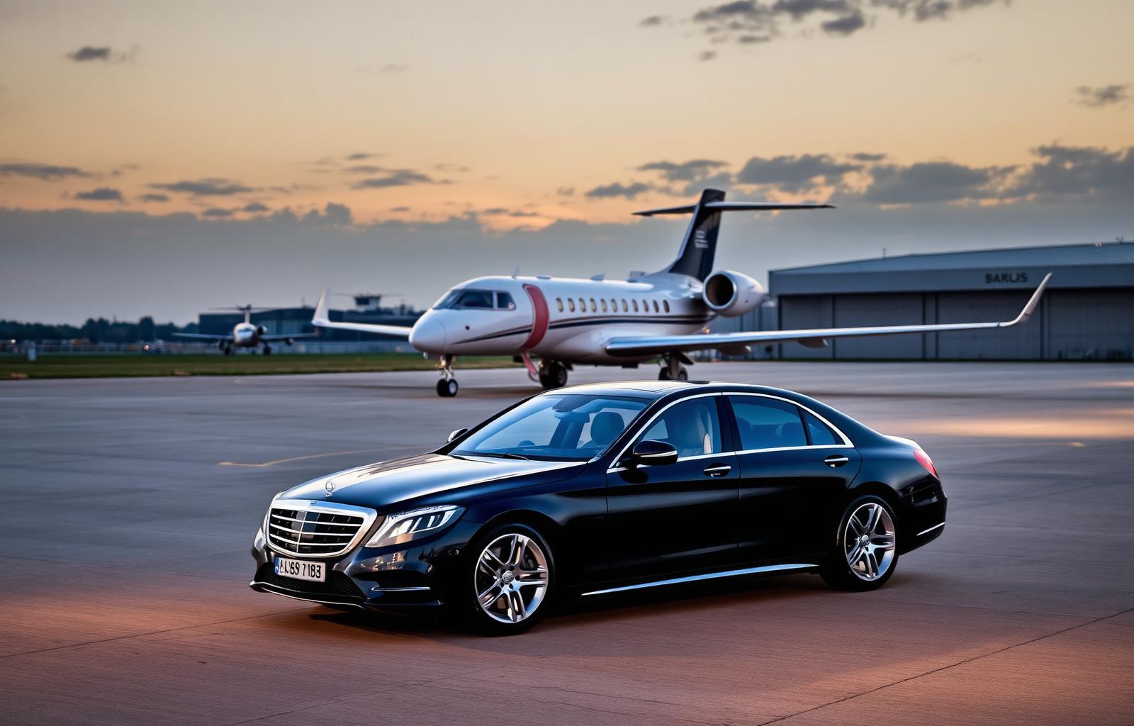 Black Mercedes S-Class chauffeur car on Farnborough apron with private jet at dusk