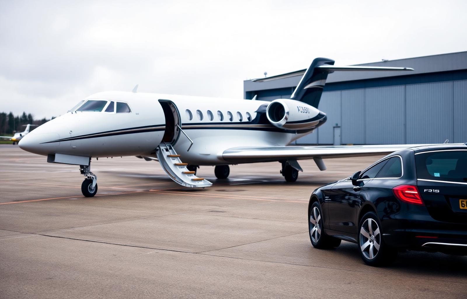 Business jet on RAF Northolt apron with black executive chauffeur car waiting under overcast sky