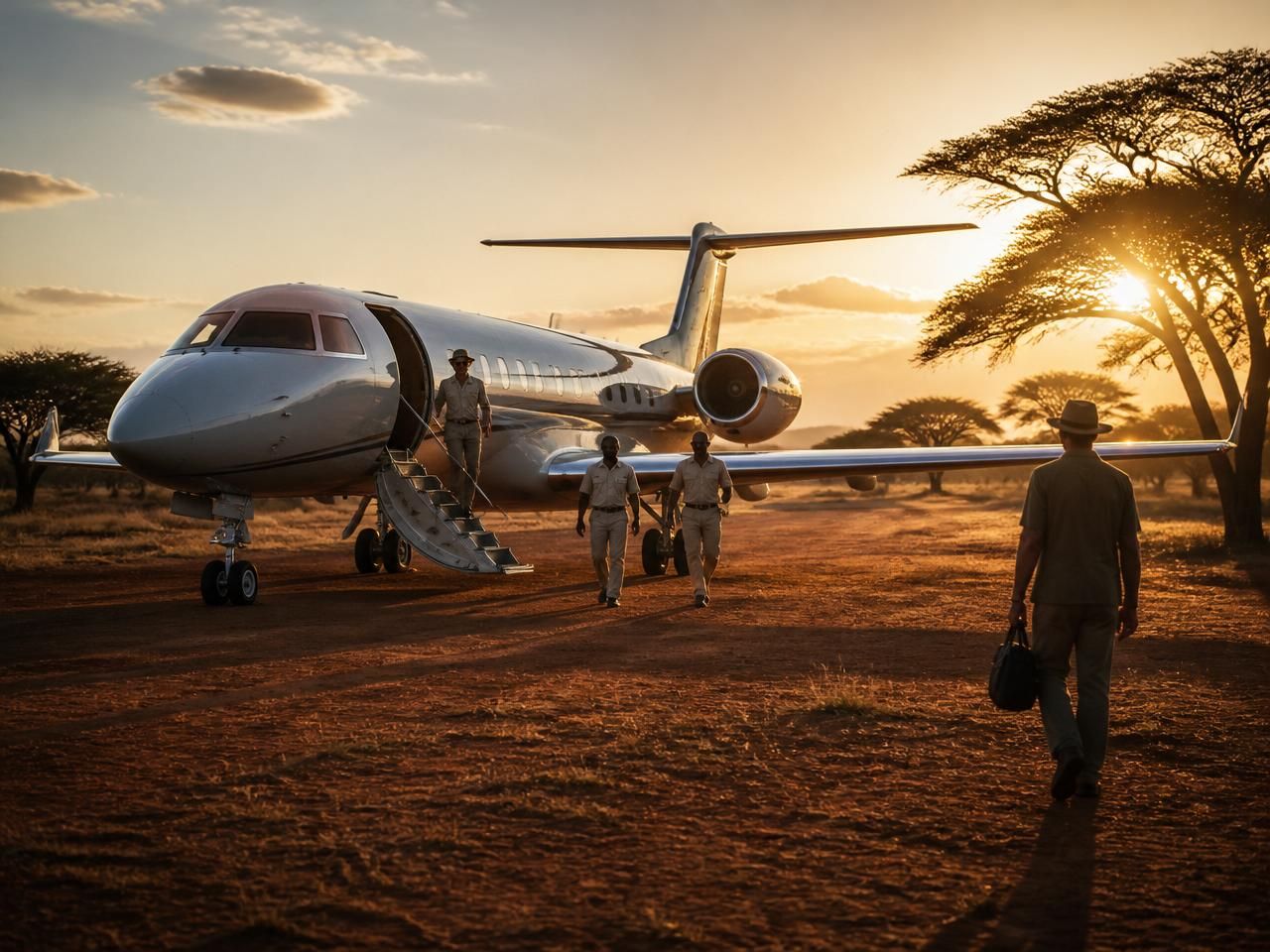 Private jet on a remote African bush airstrip at dawn