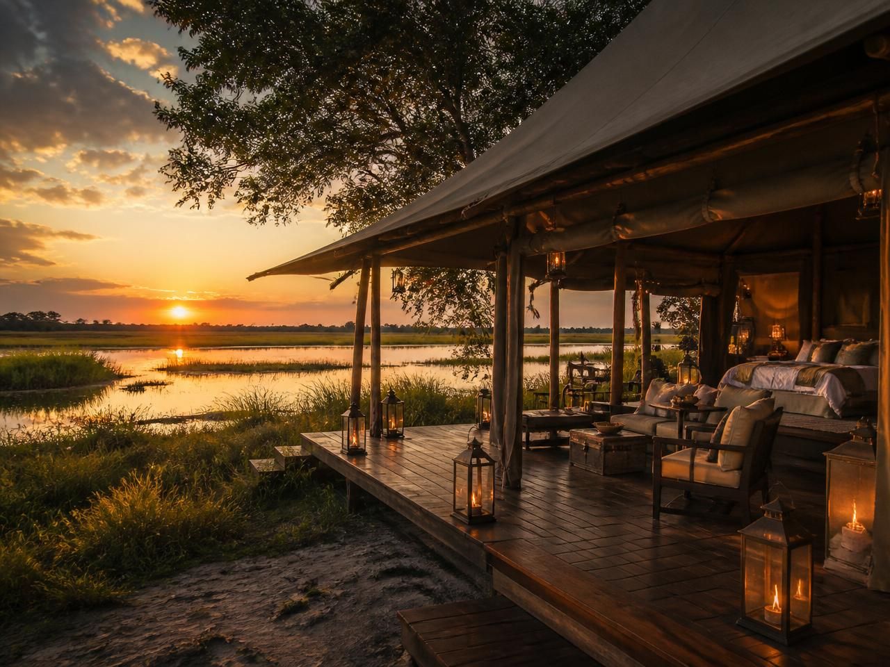 Luxury safari tented camp overlooking the Okavango Delta at sunset