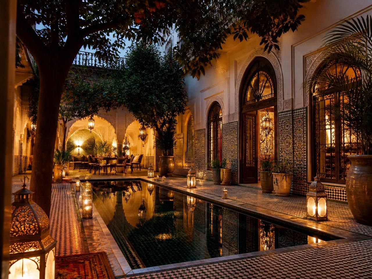Private Marrakech riad courtyard at dusk with lanterns and reflecting pool