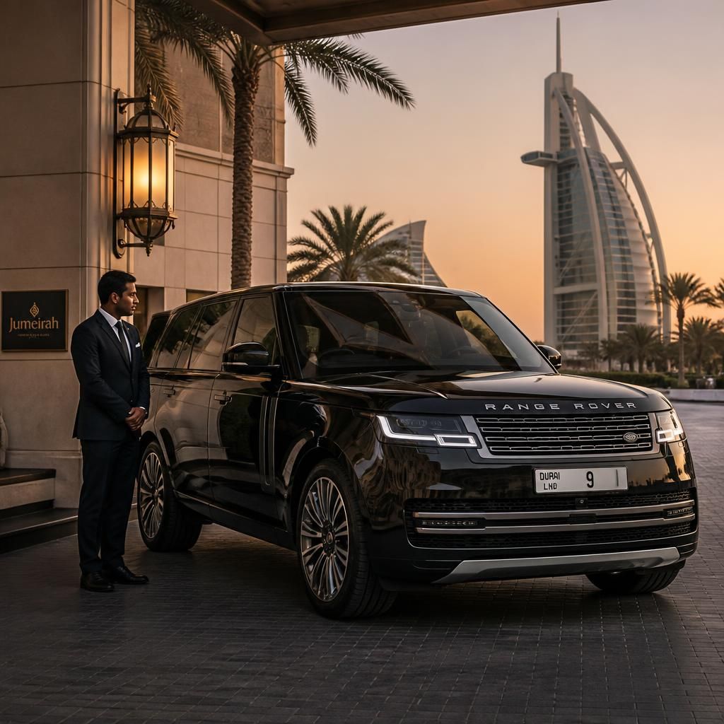 New-shape black Range Rover Autobiography at the porte-cochère of a five-star Dubai hotel at dusk