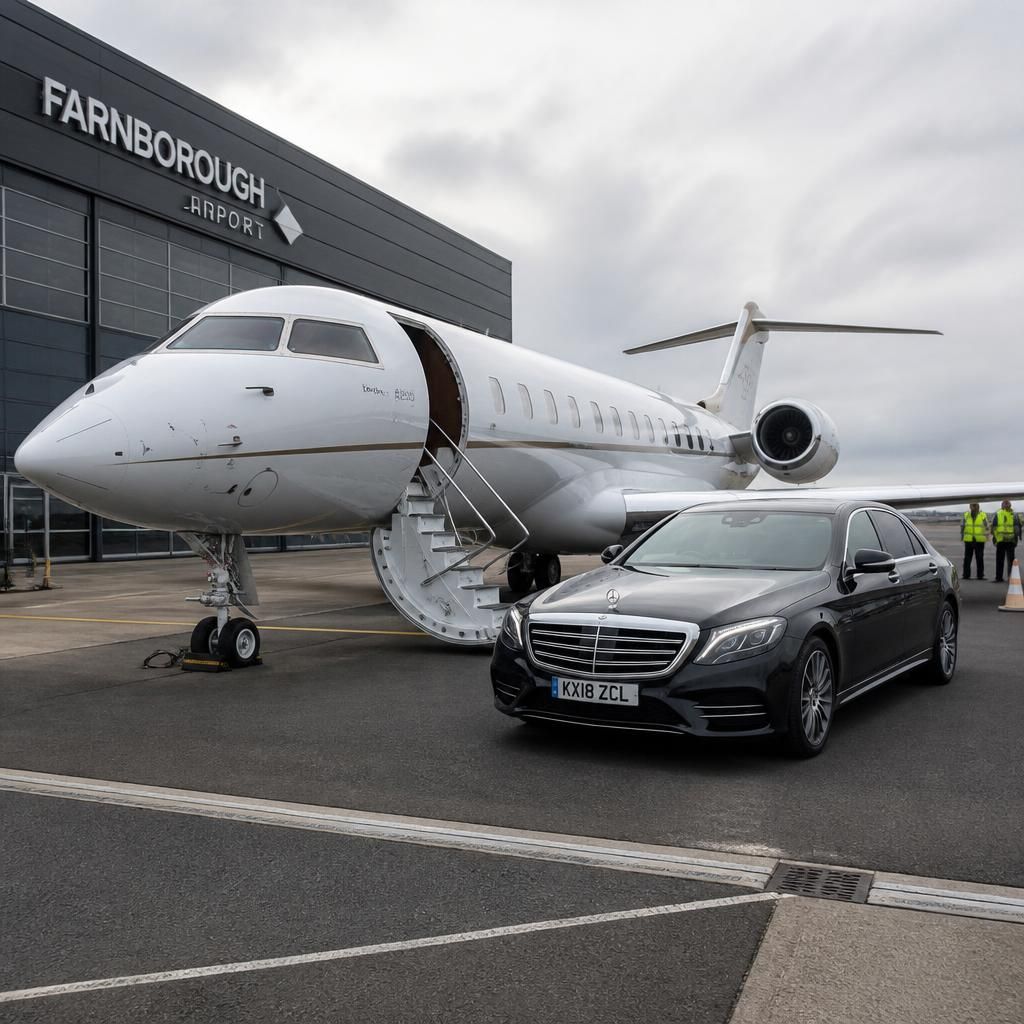 Mercedes-Benz S-Class parked beside a long-range private jet at a UK private aviation terminal