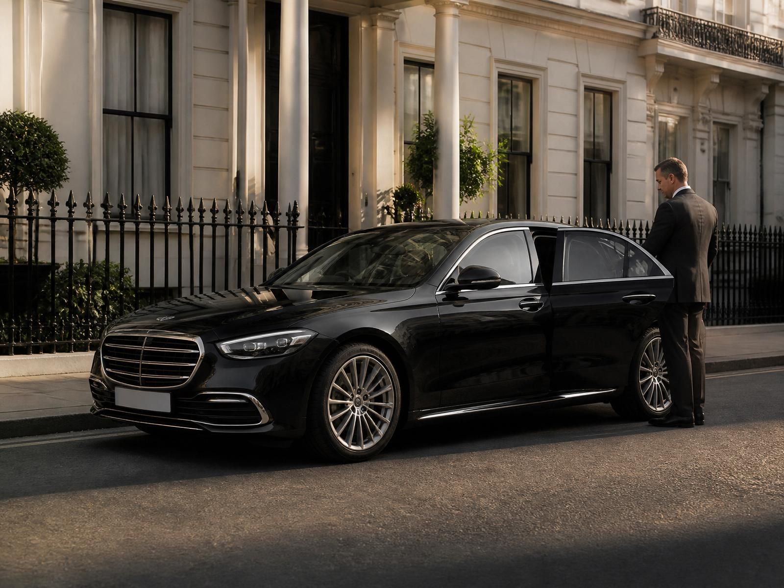 Chauffeur holding the rear door of a new-shape black Mercedes-Benz S-Class outside a Belgravia townhouse at first light