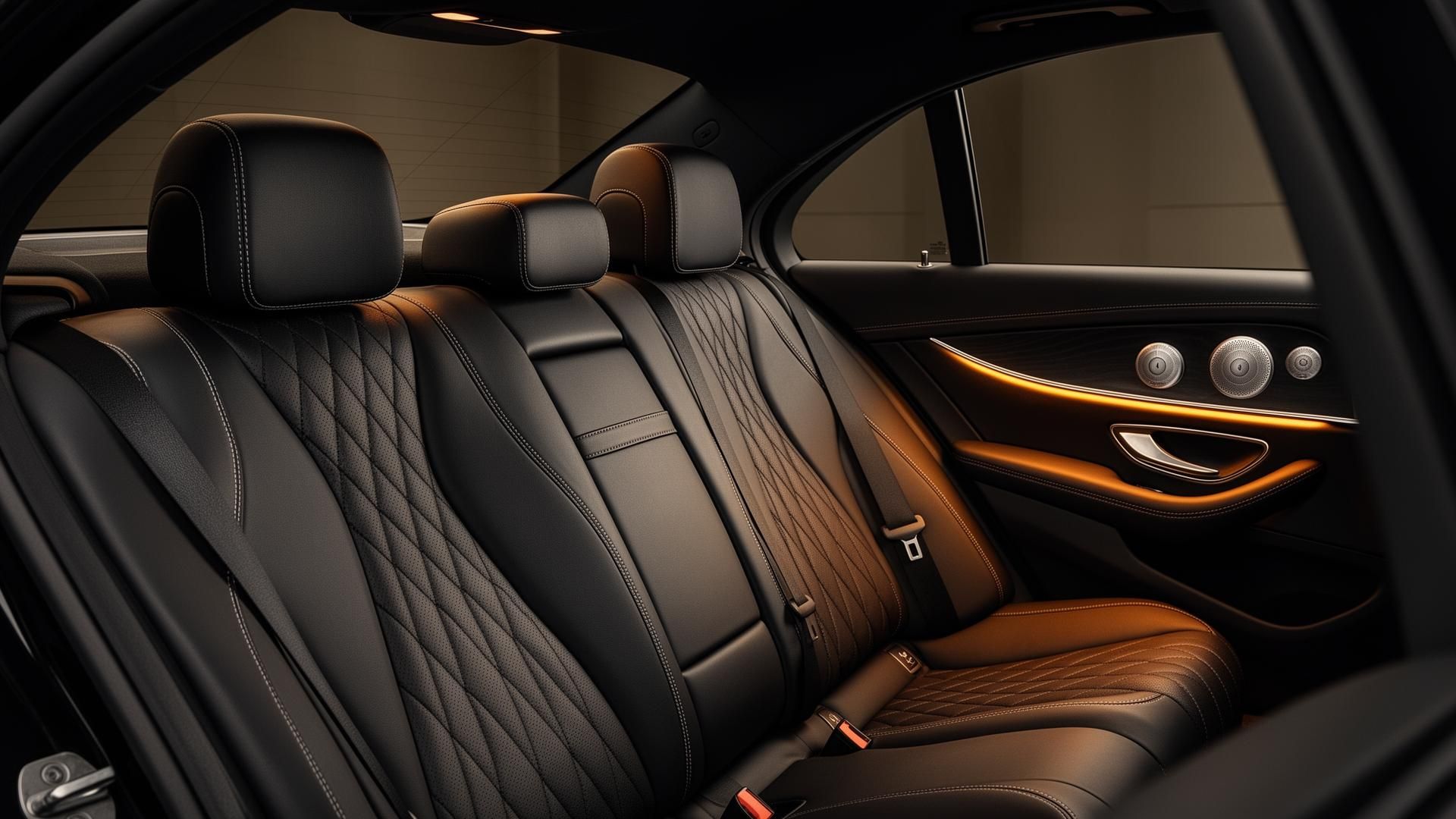 Mercedes E-Class rear cabin interior in black leather