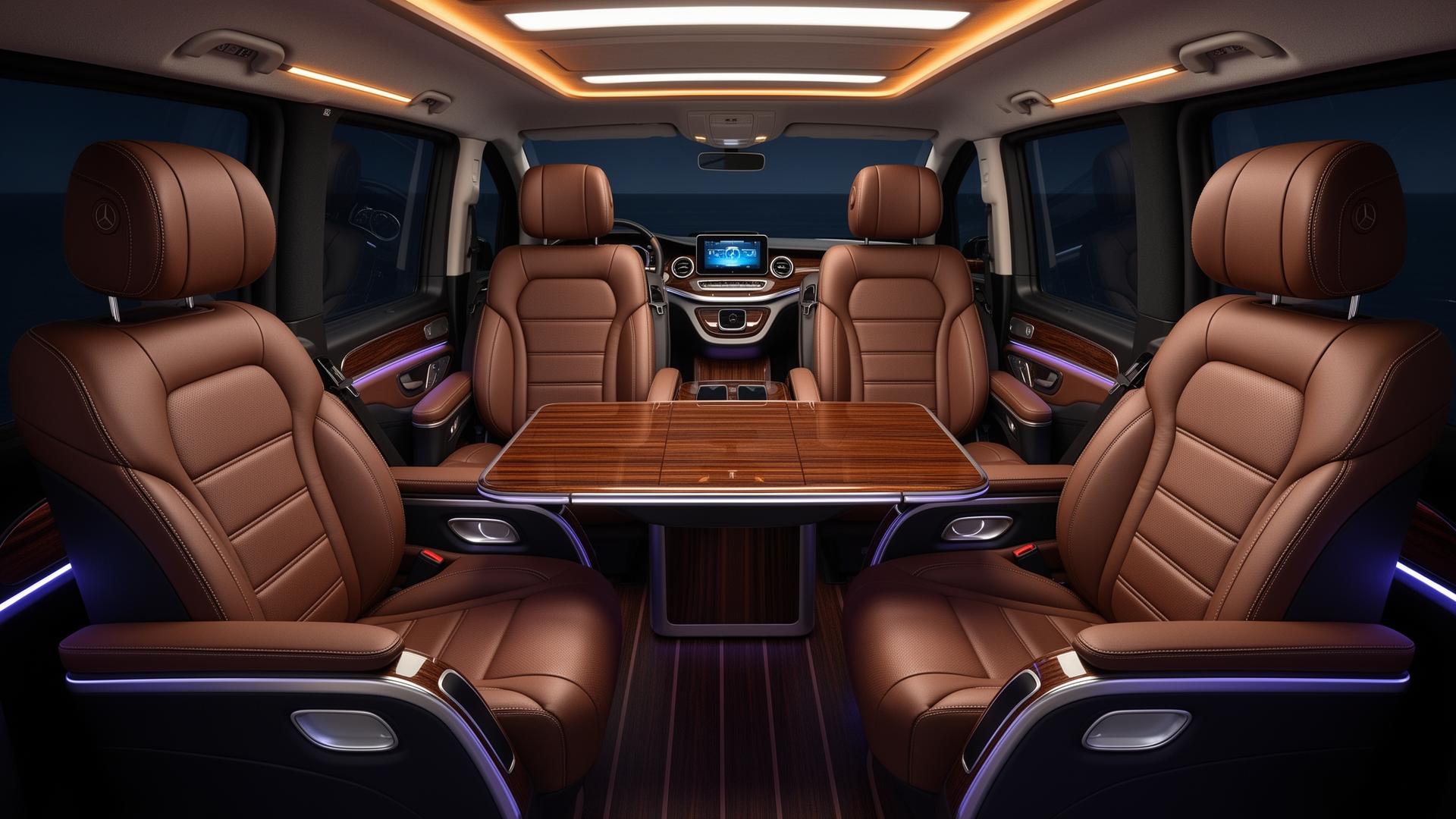 Jetclass cabin with four lounge chairs around a polished wood table