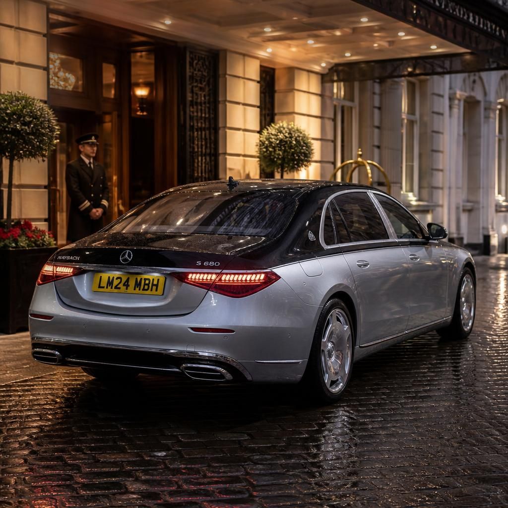 Mercedes-Maybach S-Class two-tone rear three-quarter view at a London hotel entrance
