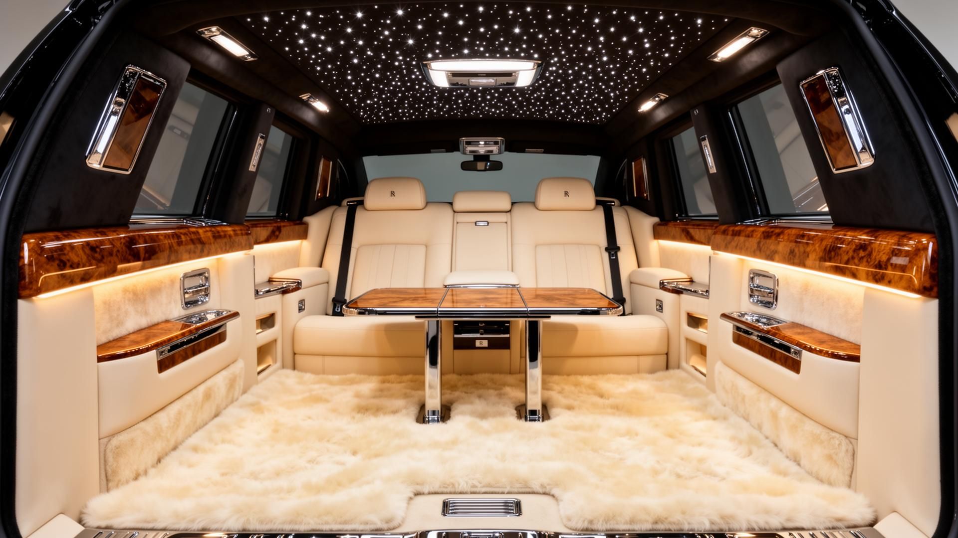 Rolls-Royce Phantom rear cabin with picnic tables and starlight headliner