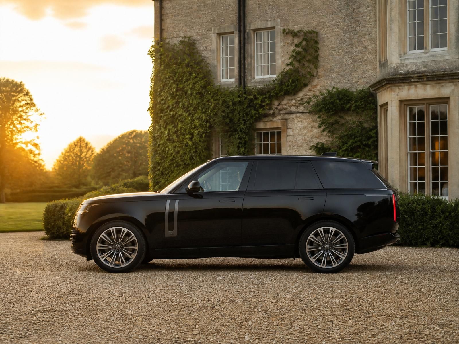 Range Rover parked on the gravel driveway of an English country estate