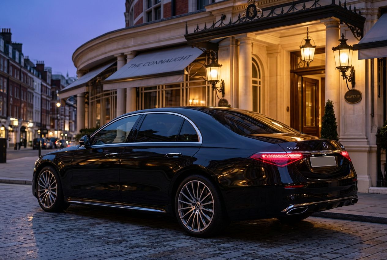 Mercedes S-Class waiting outside a five-star London hotel entrance at night