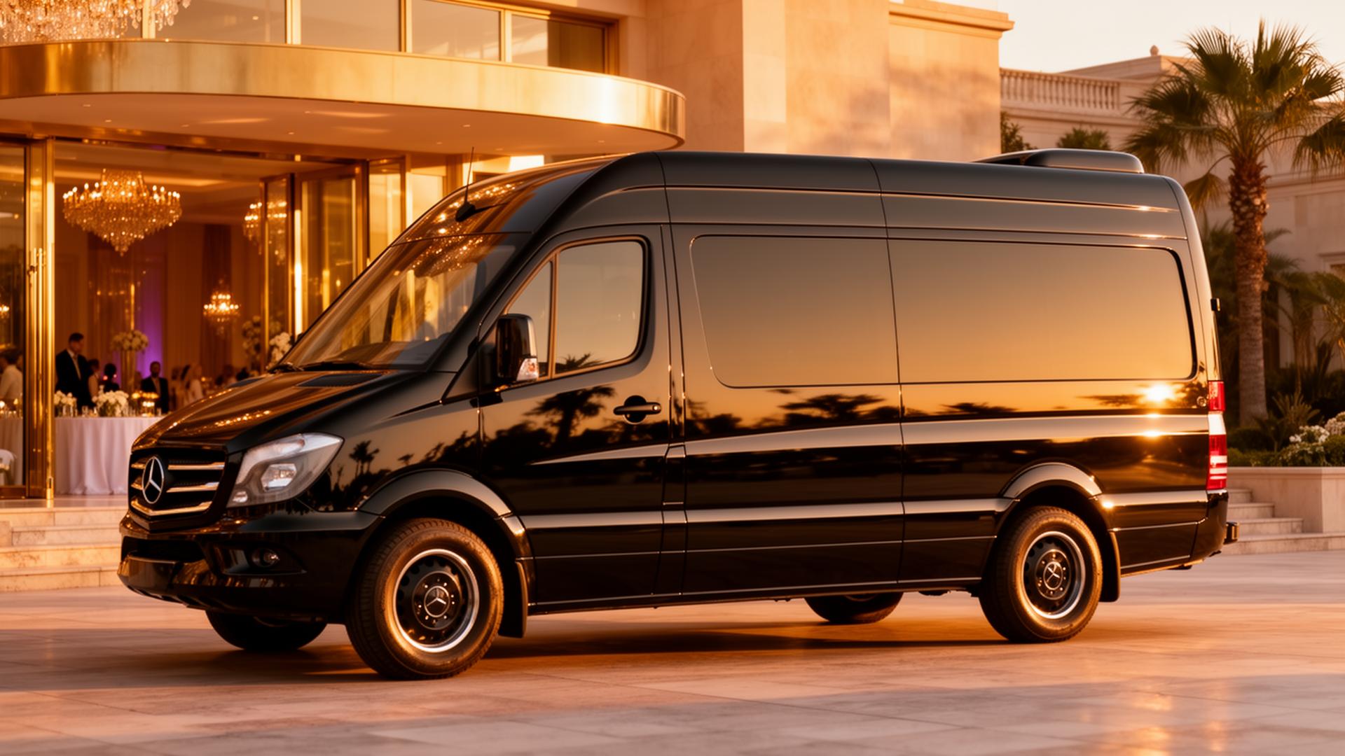 Mercedes Sprinter parked at an event venue at golden hour