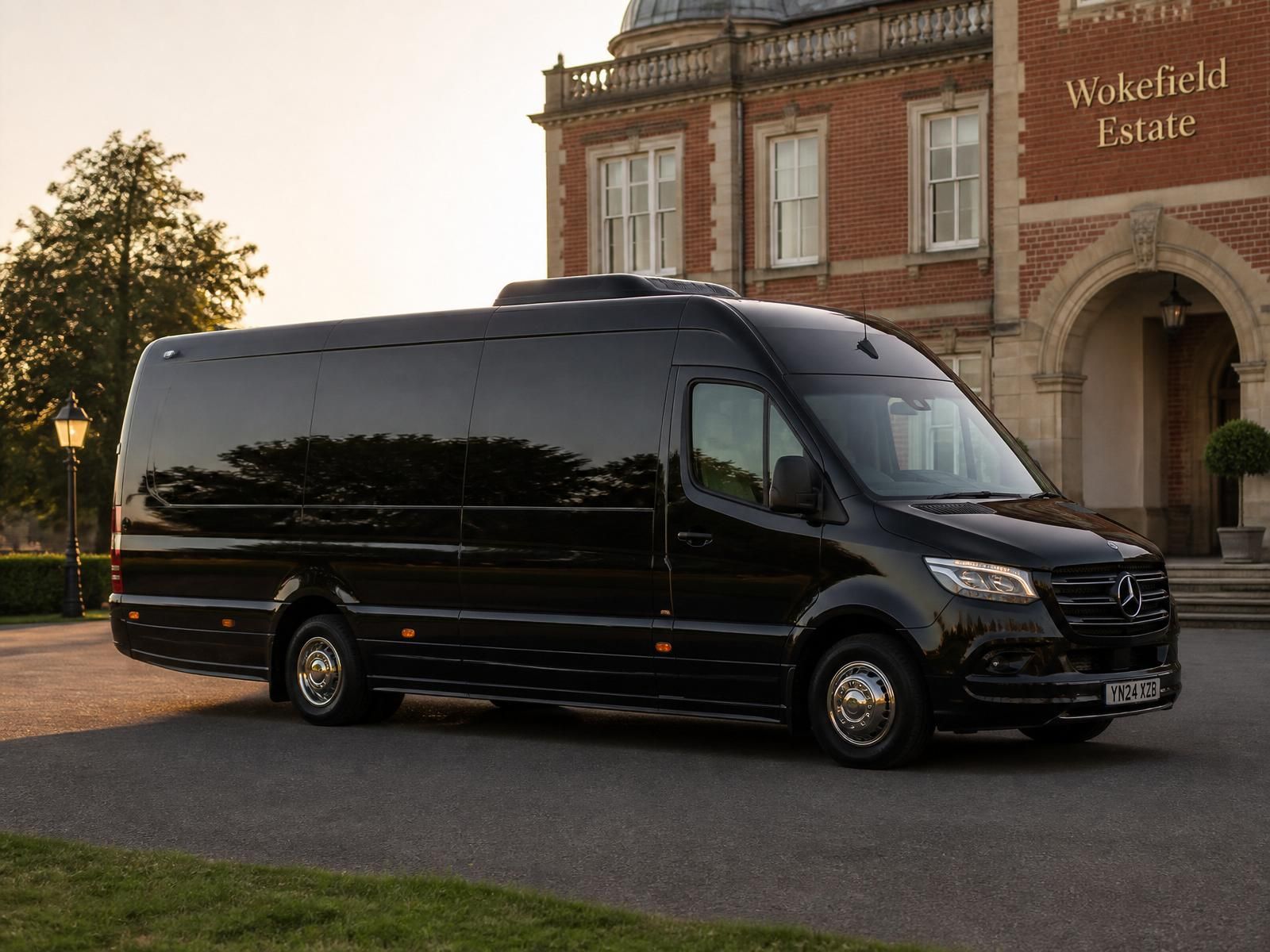 Mercedes Sprinter parked at an event venue at golden hour