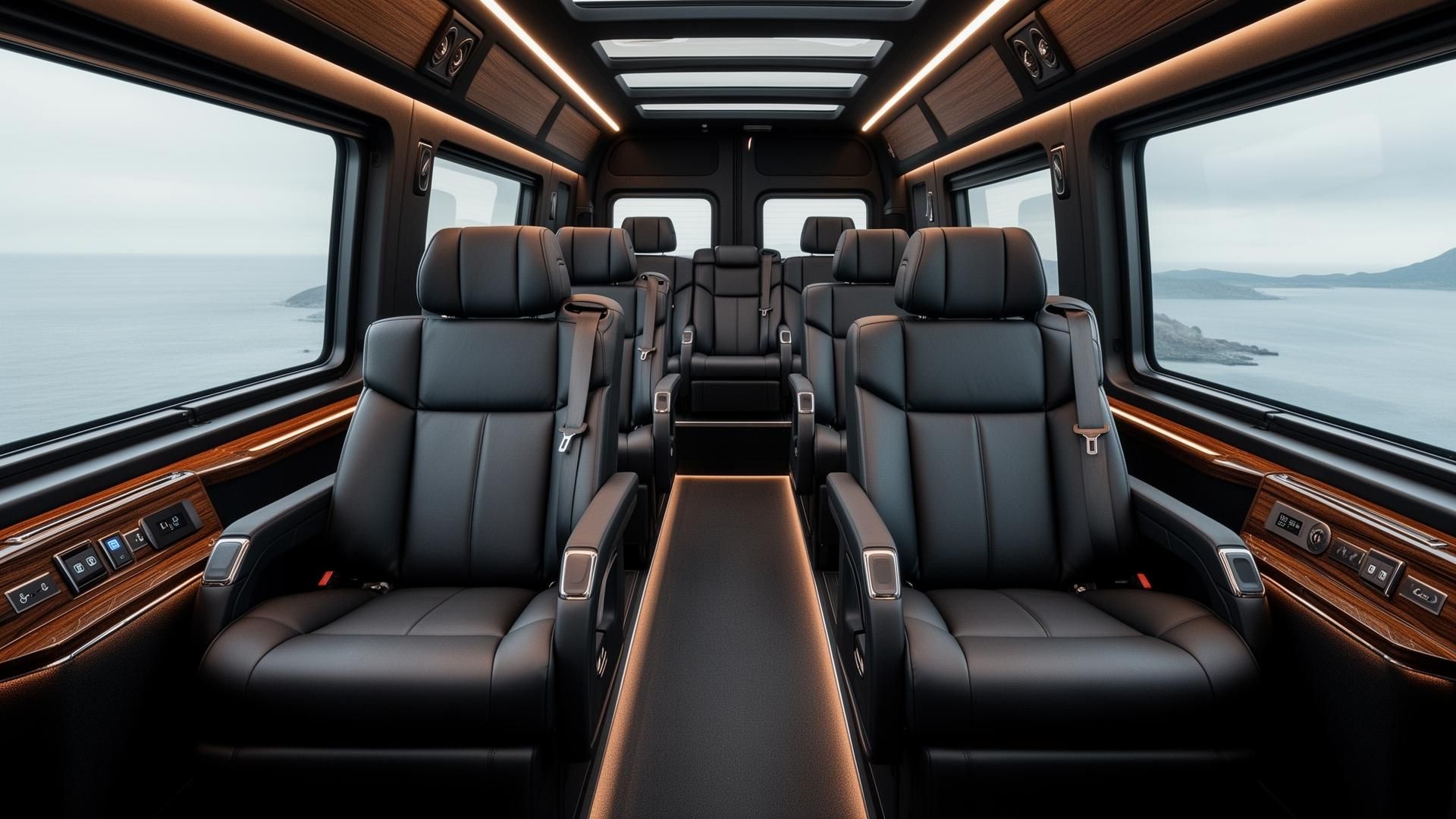 Mercedes Sprinter executive minibus interior with reclining leather seats