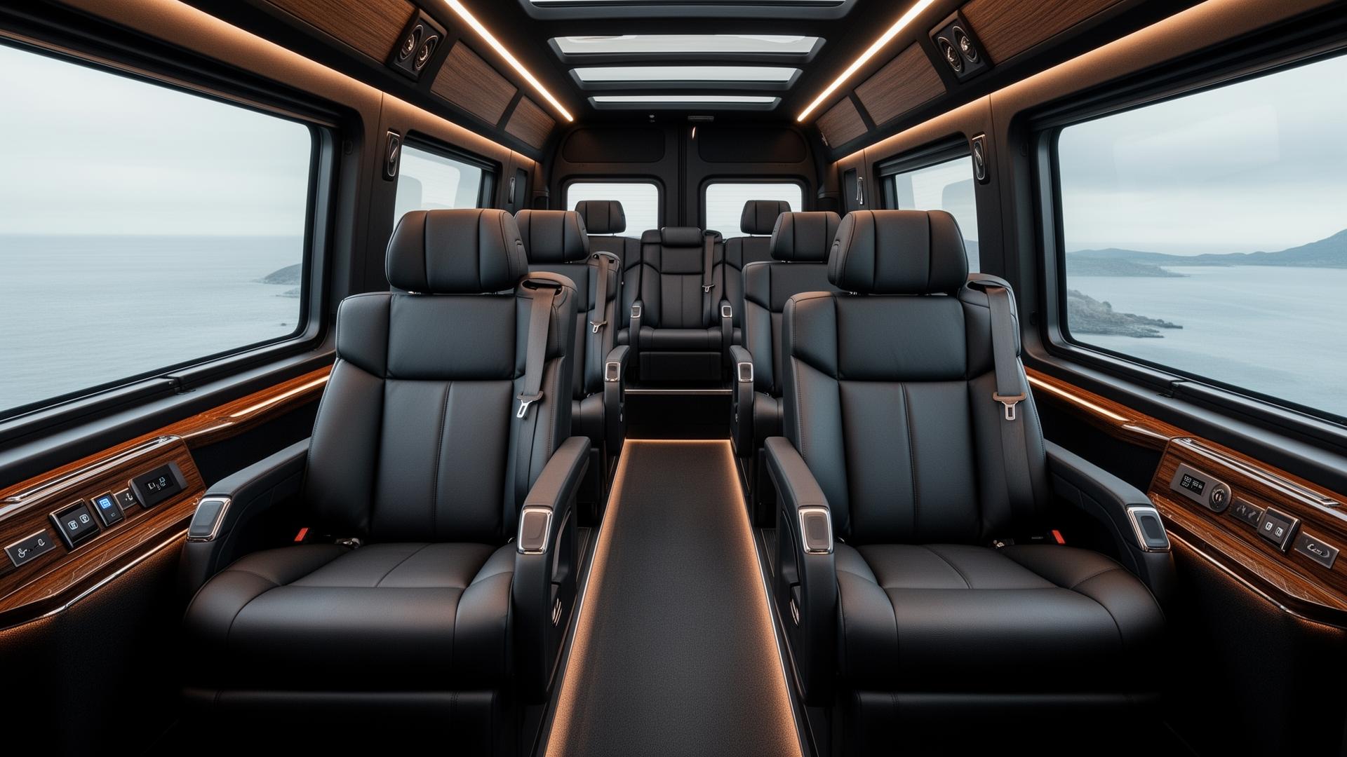 Mercedes Sprinter executive minibus interior with reclining leather seats