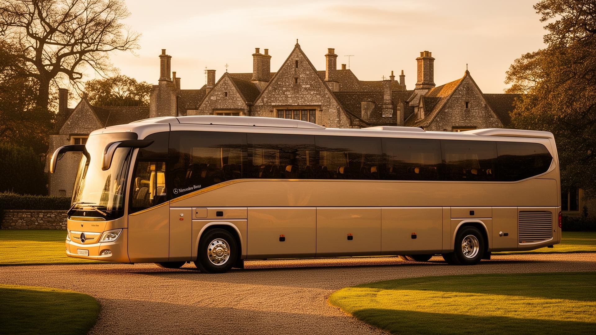 Mercedes Tourismo coach at a country wedding venue with guests boarding