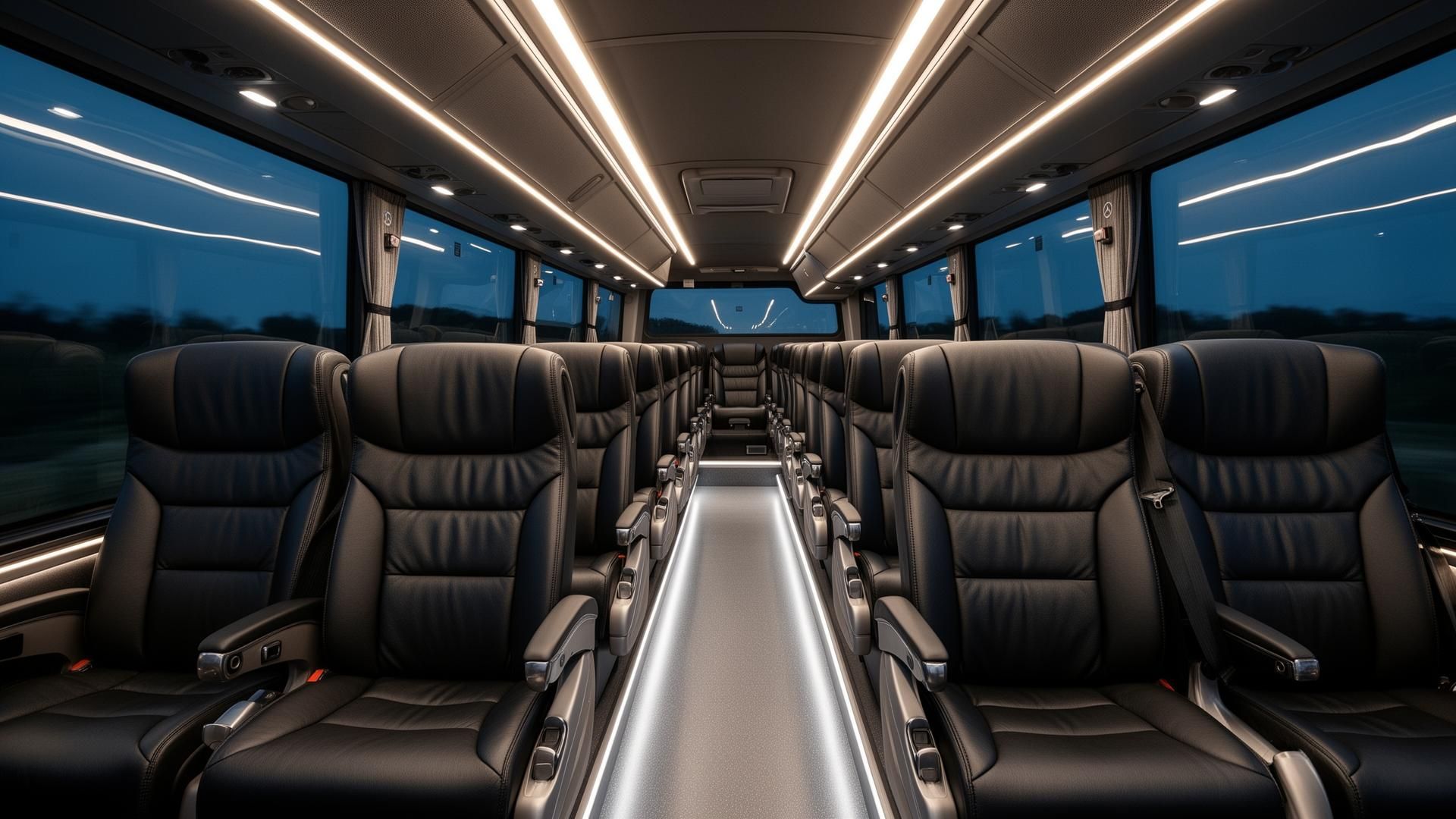 Mercedes Tourismo luxury coach interior with reclining leather seating