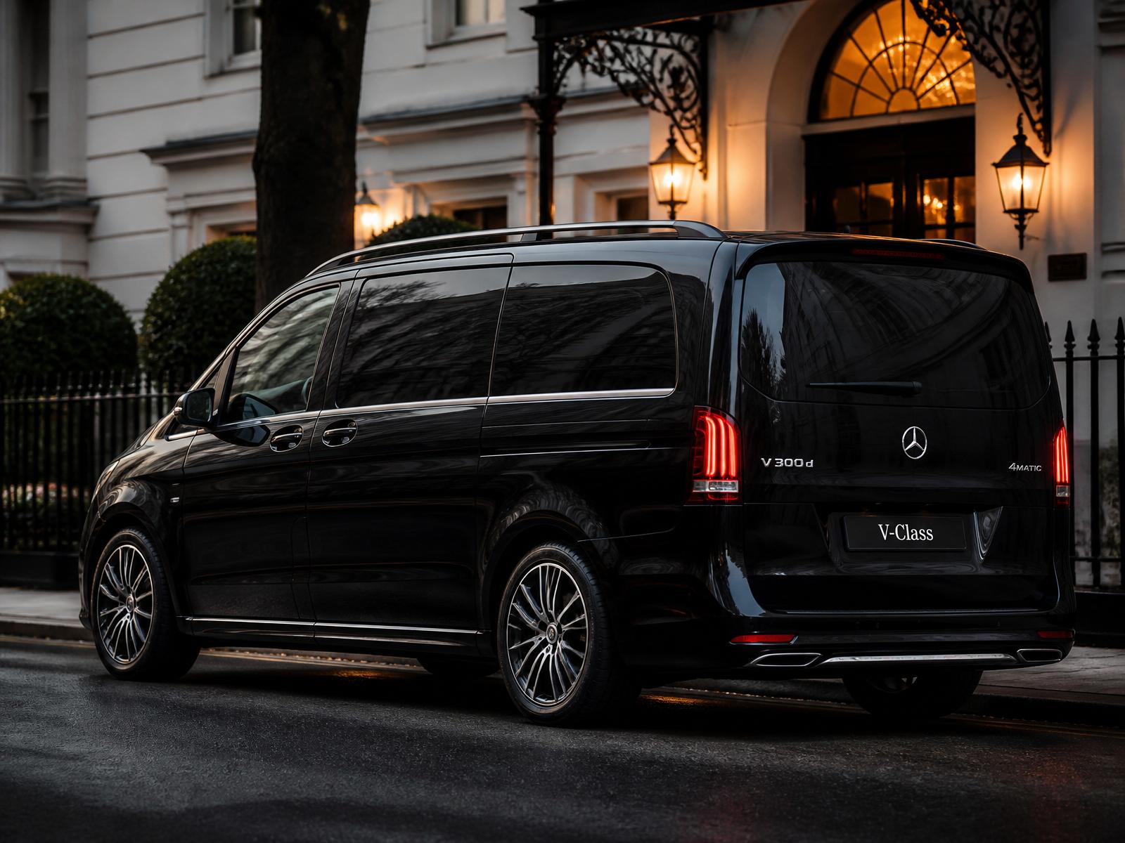 Mercedes V-Class with automatic side door open beside a private jet at dusk