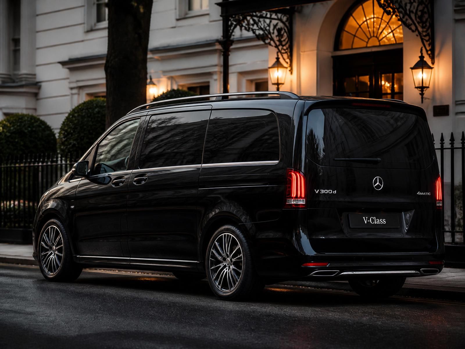 Mercedes V-Class with automatic side door open beside a private jet at dusk