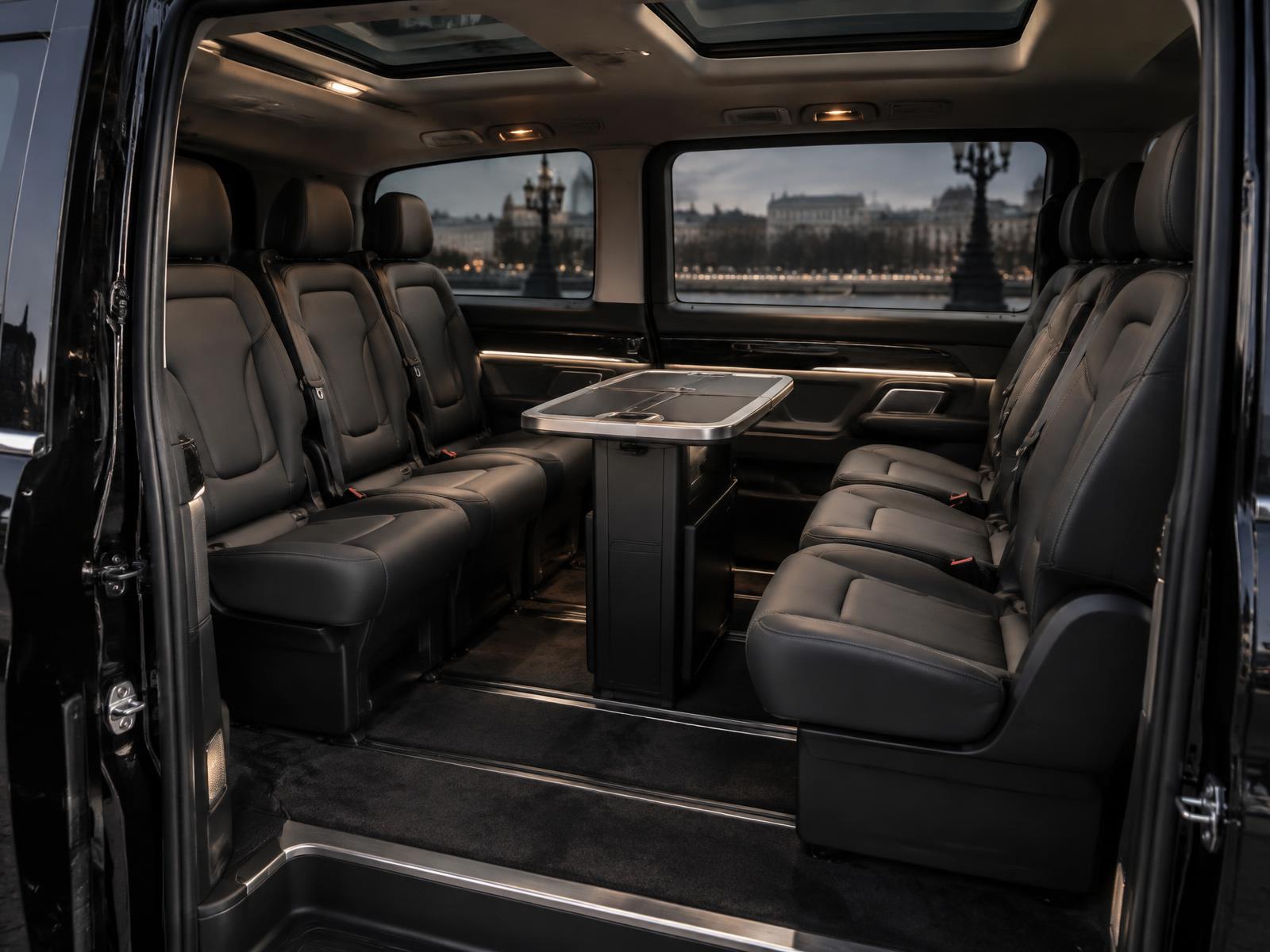 2023 Mercedes V-Class interior with six rear conference-style seats around a centre table