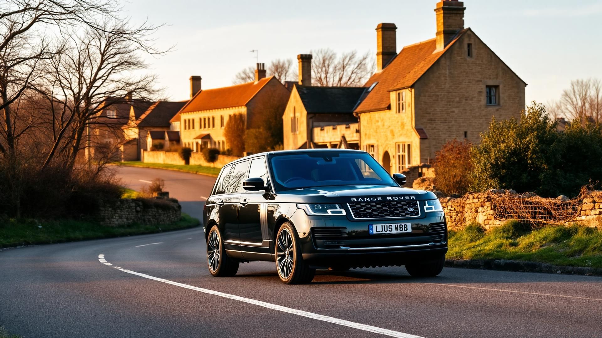 A luxury Range Rover on a winding Cotswolds country road at golden hour