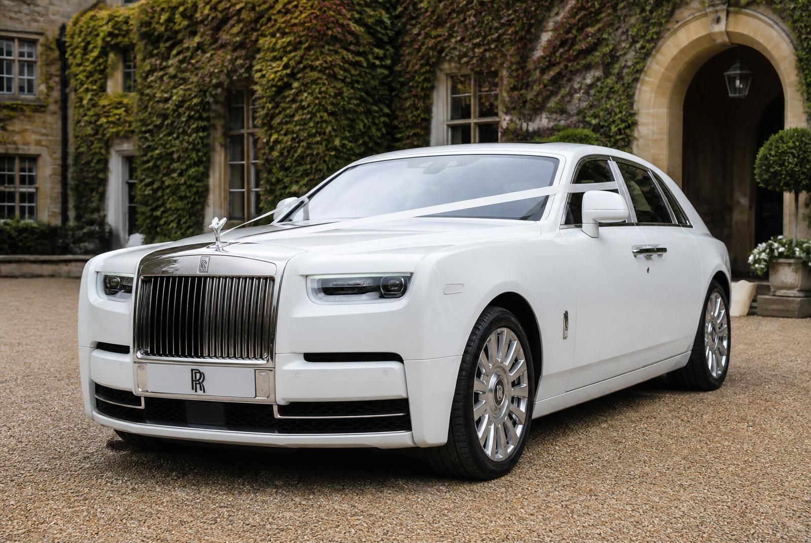 White Rolls-Royce Phantom VIII wedding car, front three-quarter view