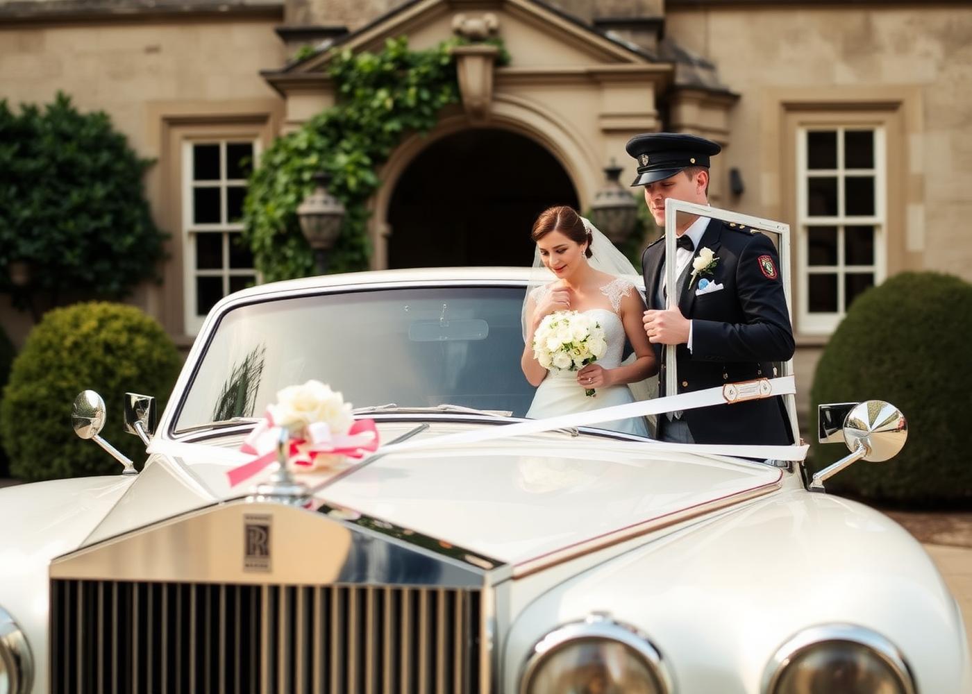 Bride and groom stepping into a vintage white Rolls-Royce outside an English country estate
