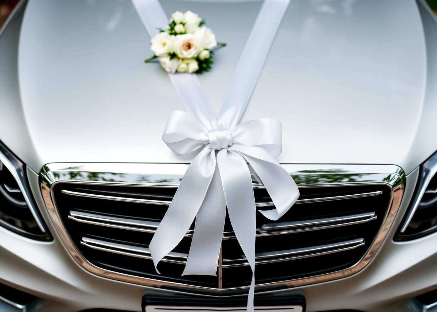 White wedding ribbon tied across the bonnet of a luxury Mercedes S-Class