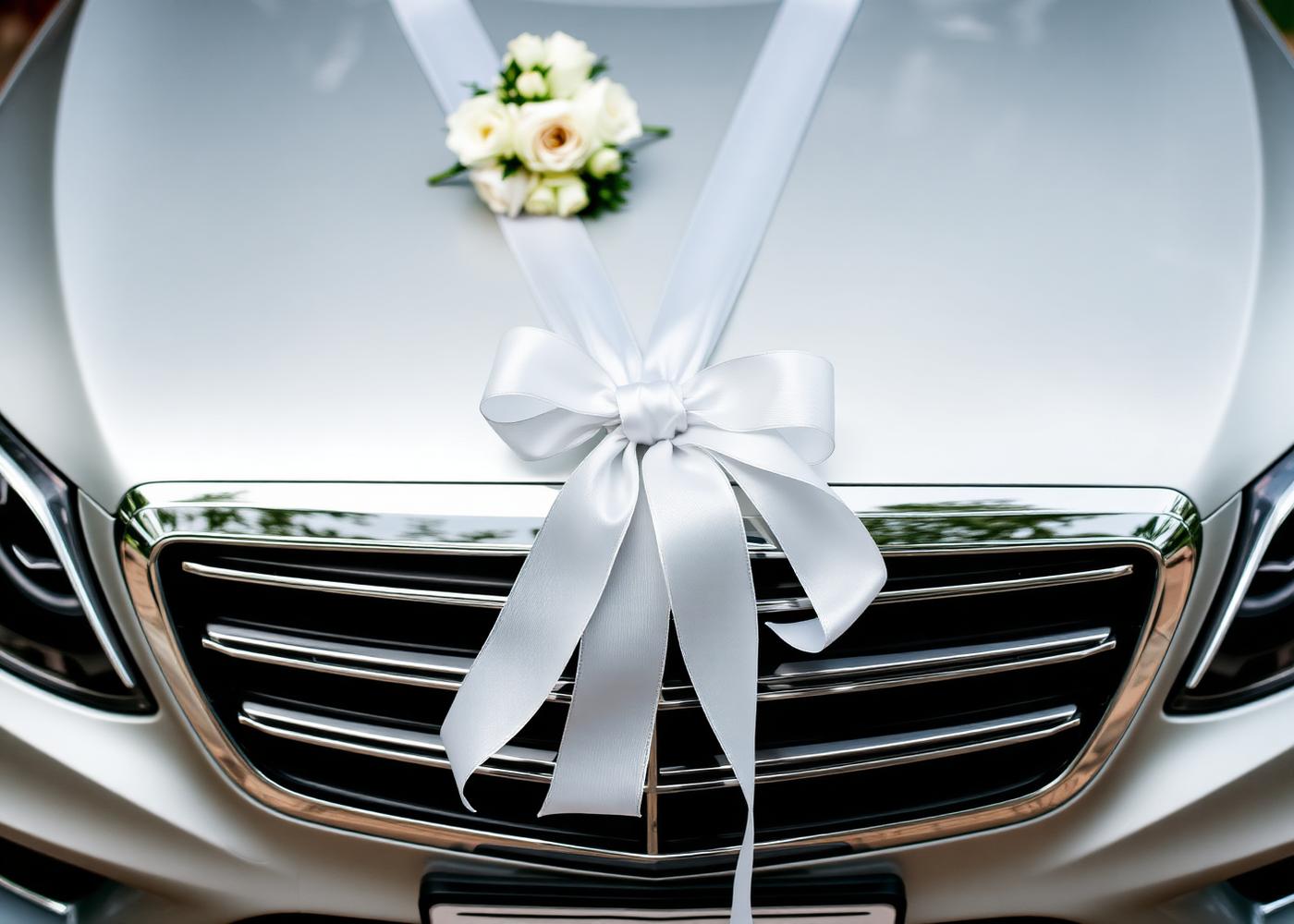 White wedding ribbon tied across the bonnet of a luxury Mercedes S-Class