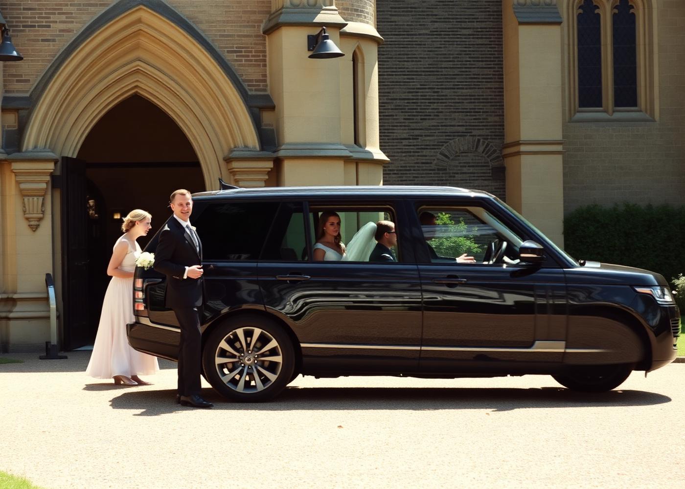 Bridesmaids arriving at a church in a black Range Rover, chauffeur opening the door