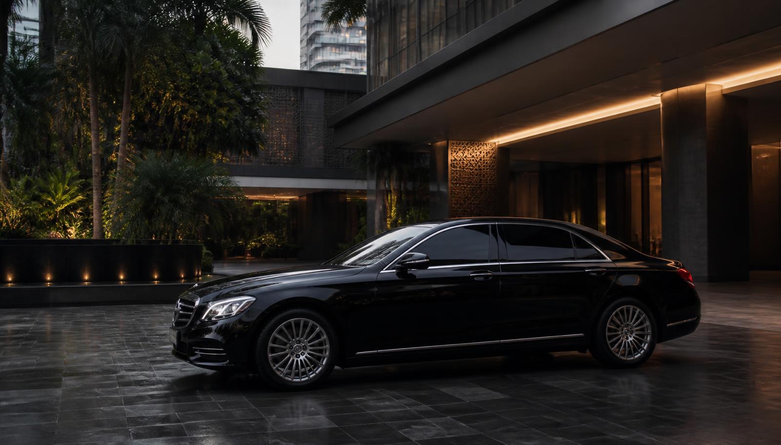Black chauffeur car at a contemporary Singapore hotel