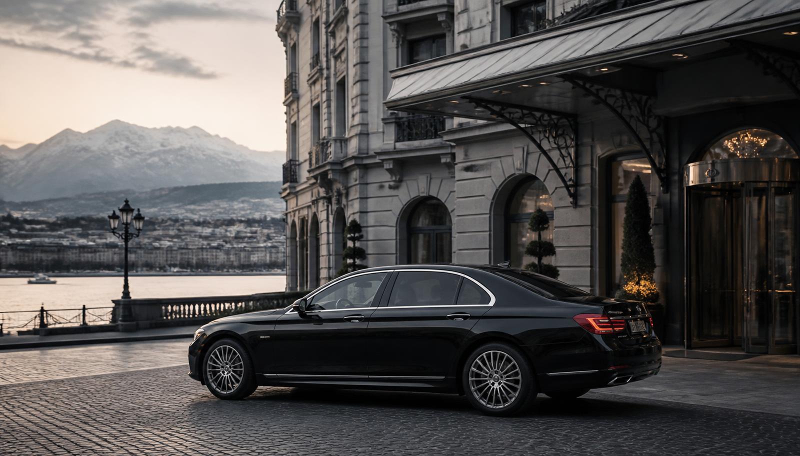 Black chauffeur car arriving at a lakeside European grand hotel