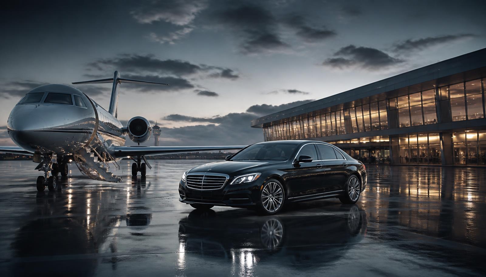 K2 chauffeur car waiting beside a private jet on an international apron at dusk