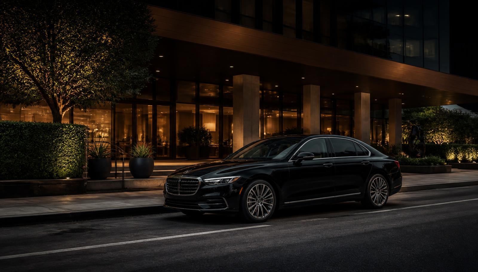 Black chauffeur car outside a modern São Paulo hotel
