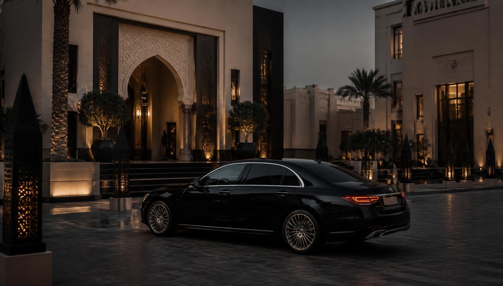 Black chauffeur car arriving at a luxury Middle Eastern hotel