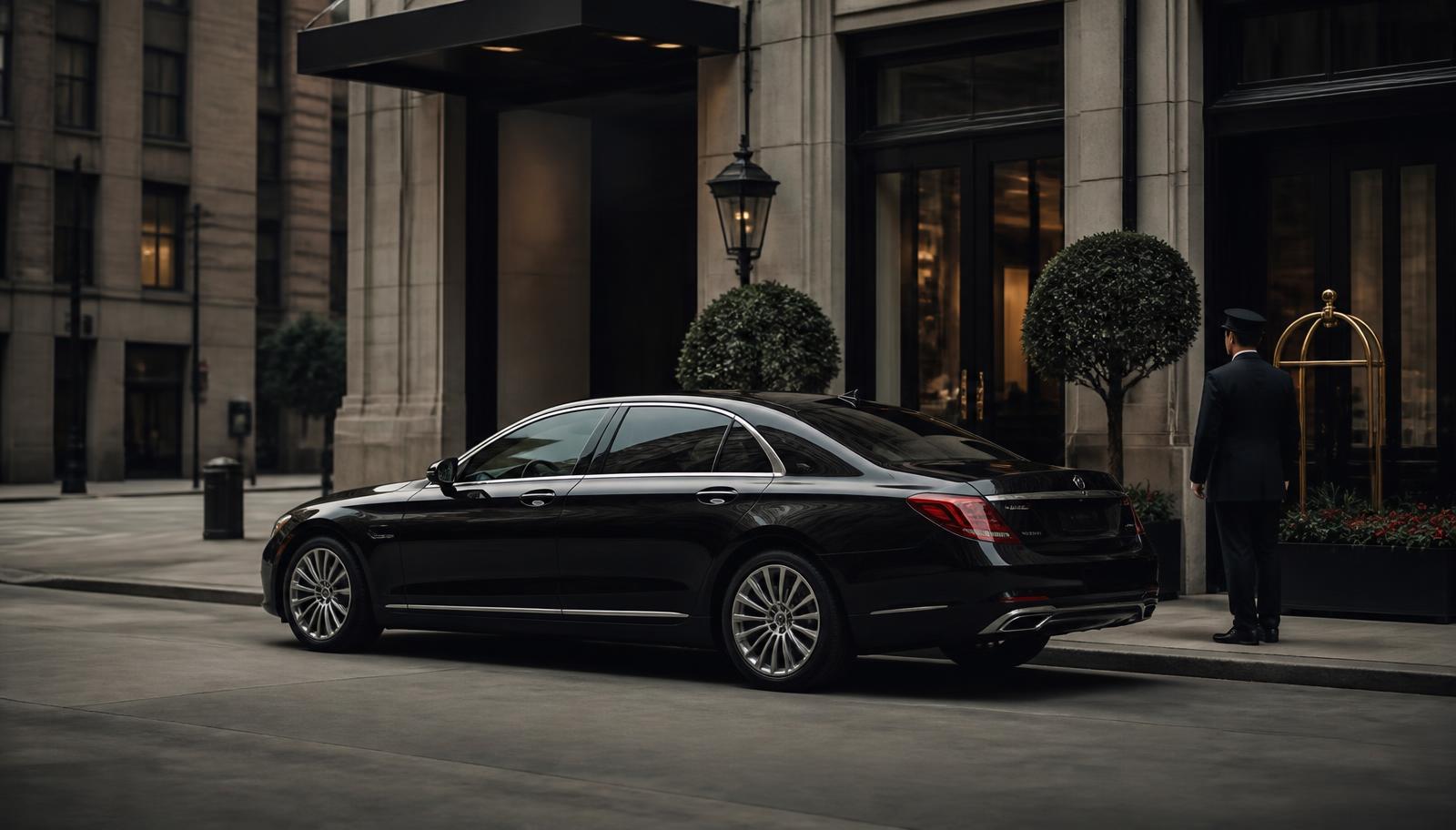 Black chauffeur car waiting outside a Manhattan hotel